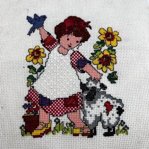 Vintage Hand Embroidered Art Sweet Cottage Girl with Sheep‎ Bird Flowers